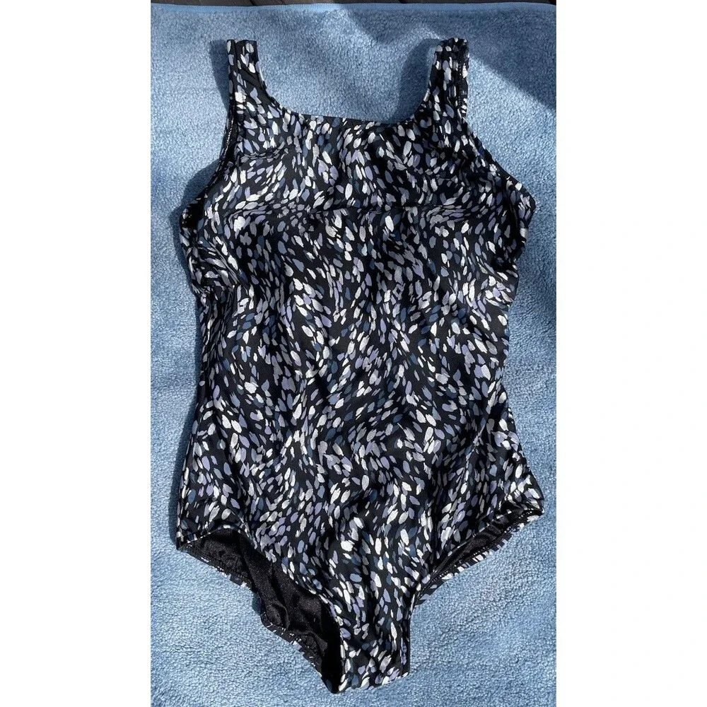 One Piece Swimsuit Sz 14 High Neck Tummy Control Shimmer Print Black Blue Resort